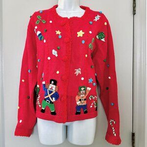 VINTAGE BEREK CHRISTMAS SWEATER CARDIGAN SZ: L RED NUTCRACKER